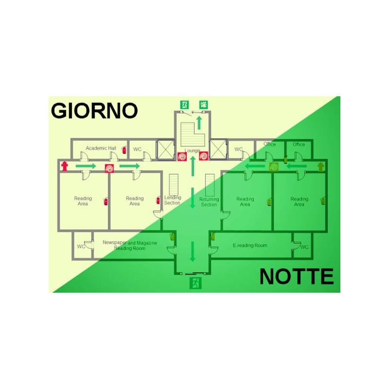 Piano d'evacuazione fotoluminescente e istruzioni